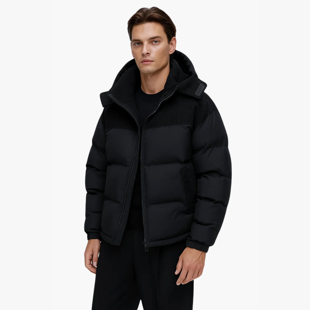 Men's Insulated Hooded Puffer Jacket – Stylish Winter Coat with Adjustable Hood and Corduroy Panels for Cold Weather 1