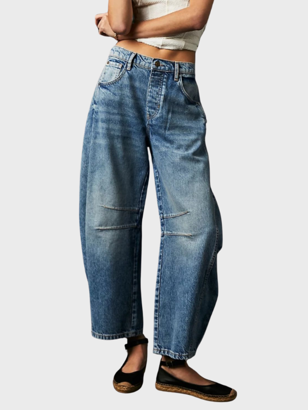 Wide Leg Women’s Jeans with Pockets – Vintage-Inspired Cotton Denim, Distressed Detail, Timeless Fit 0