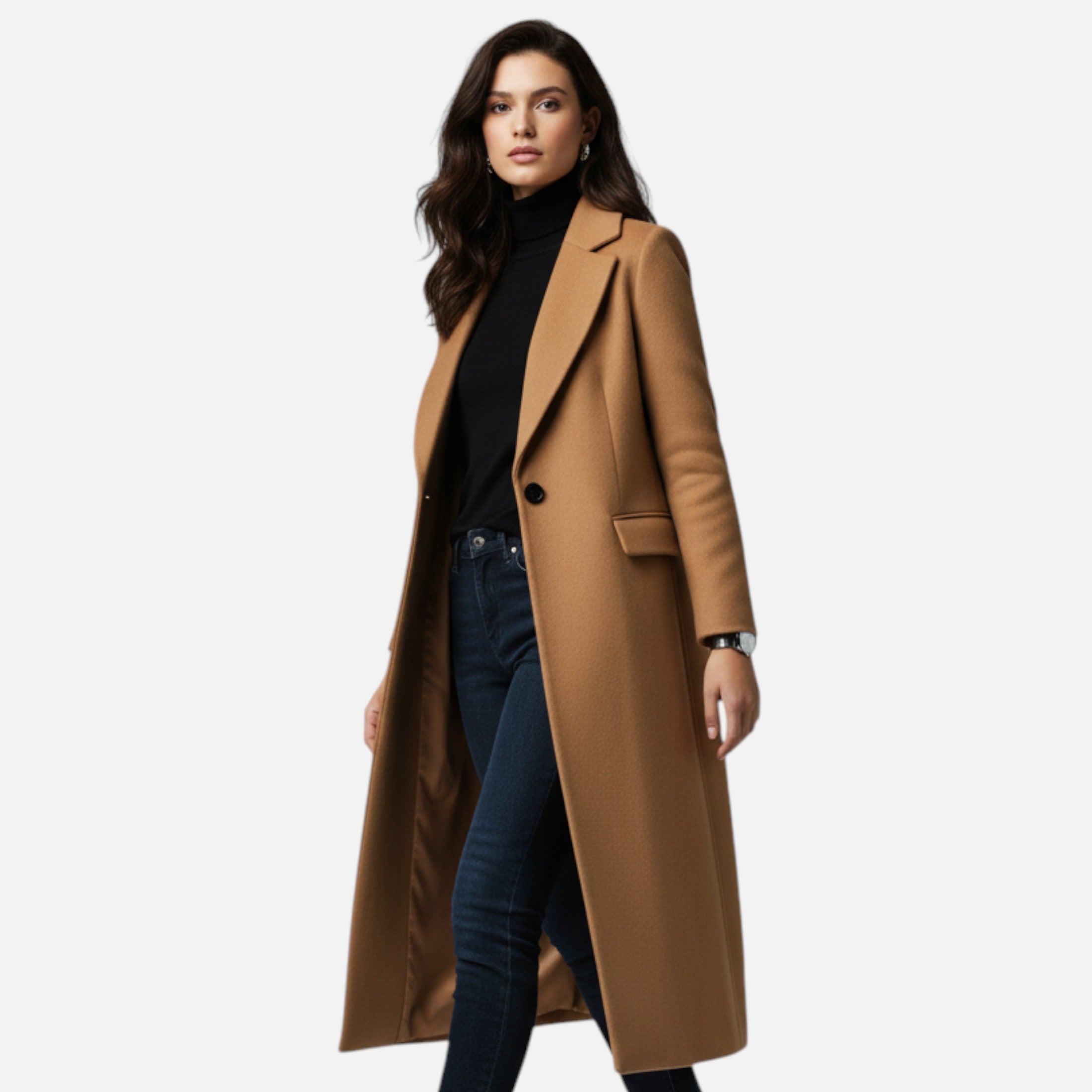 Women's Long Winter Overcoat with Lapel Collar – Elegant Black Coat for Warmth and Versatility 0