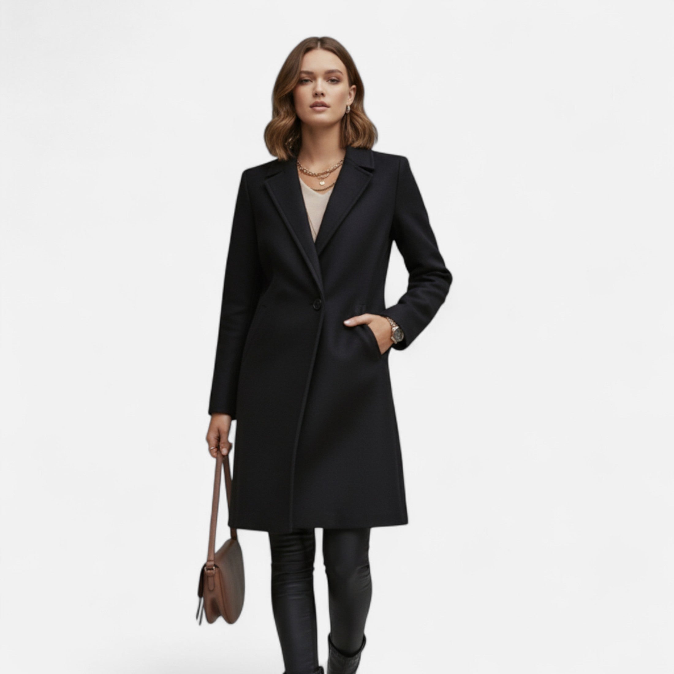 Women's Long Winter Overcoat with Lapel Collar – Elegant Black Coat for Warmth and Versatility 5