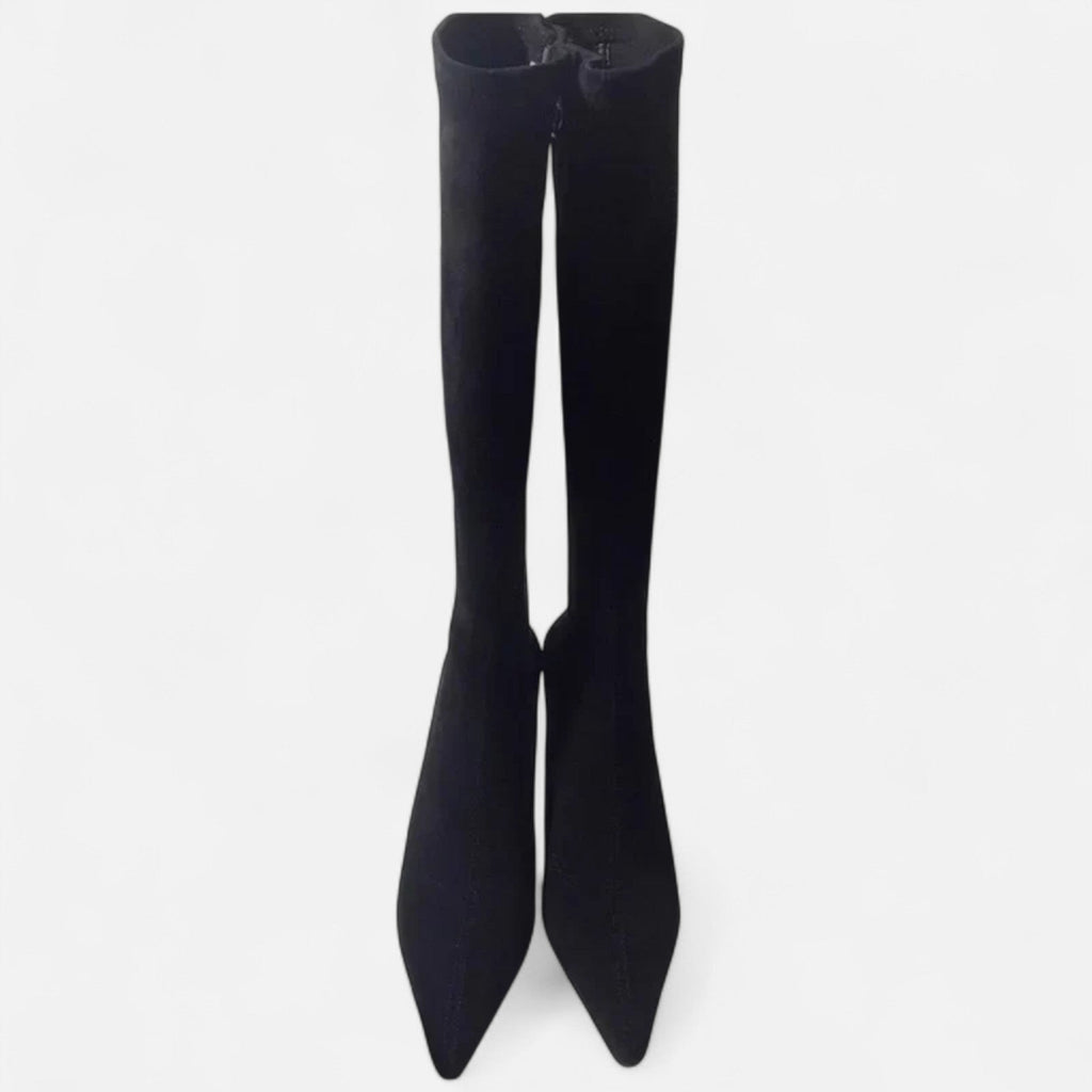Women's Suede Thigh High Heeled Boots with Pointed Toe and Side Zipper - Elegant Slim Fit Design 4